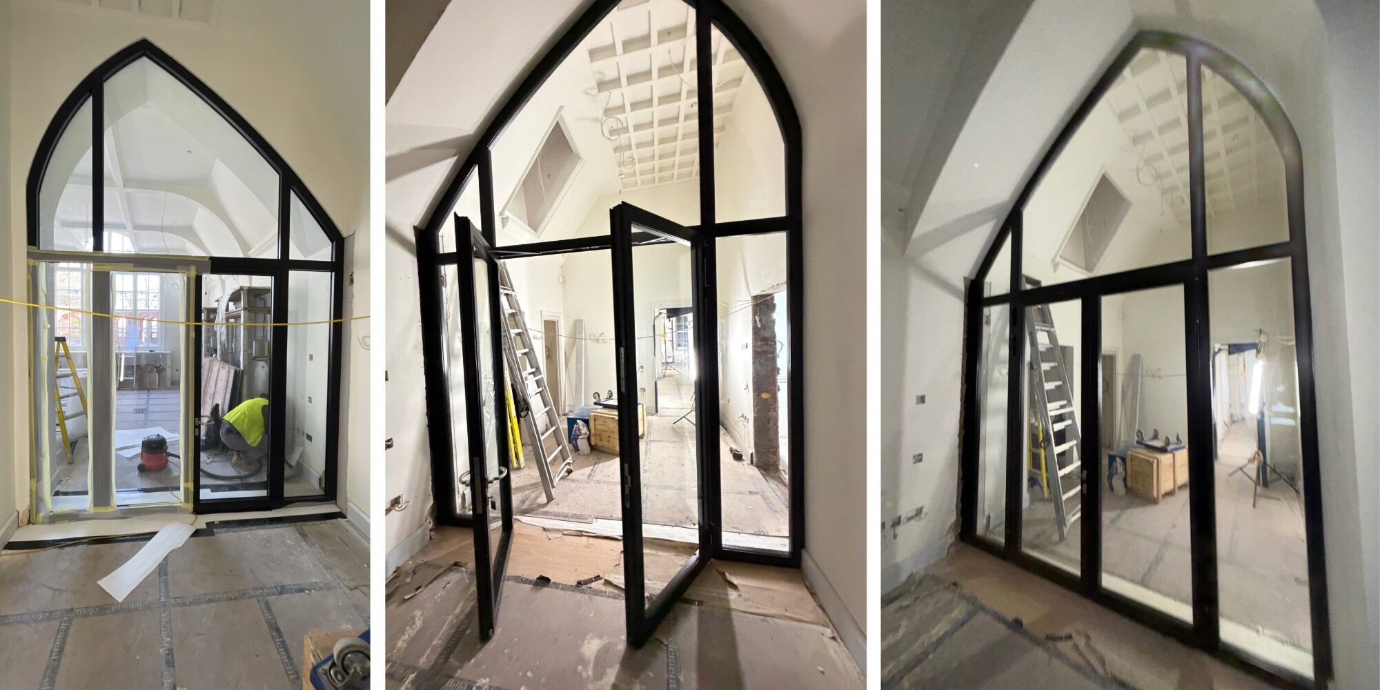site images of a pointed arched or gothic arched fire rated screen in a partially completed state