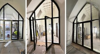 site images of a pointed arched or gothic arched fire rated screen in a partially completed state