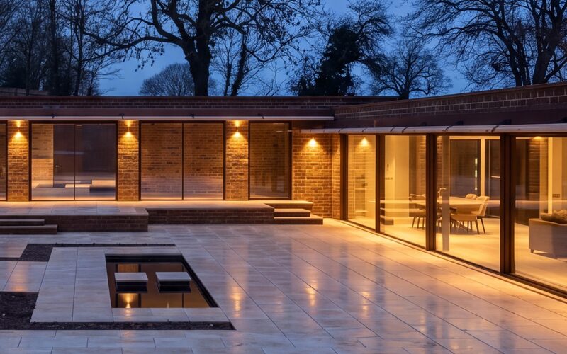 a glass courtyard with slim sliding doors around the outside on a passivhaus build