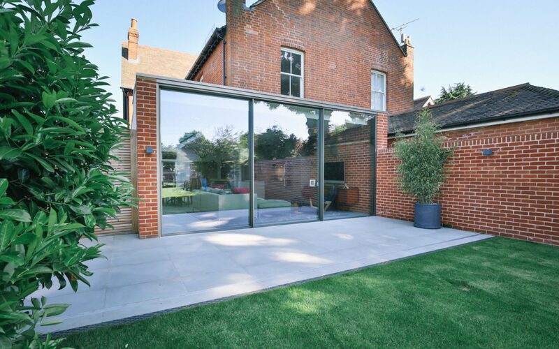 sliding glass doors with a dropped internal ceiling